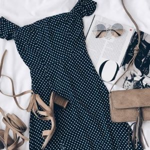 Lulus Dream Love Navy Blue Polka Maxi Dress - NWT